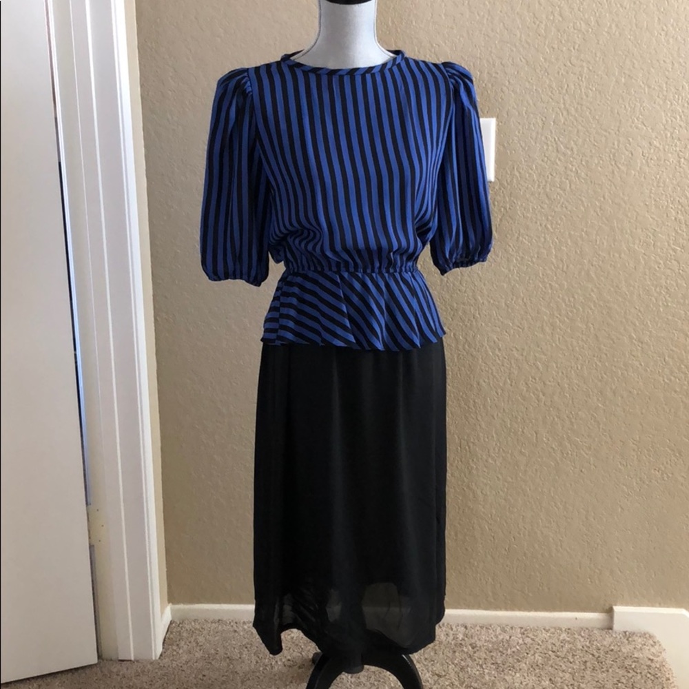 VINTAGE Blue & Black Peplum Midi Dress: M/L